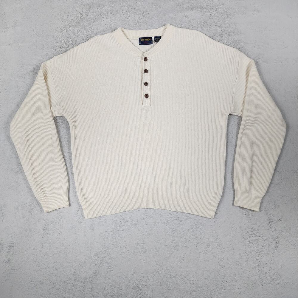 VTG Gulf Traders Sweater Mens L Ribbed Classic Cotton Henley Pulllover Cream